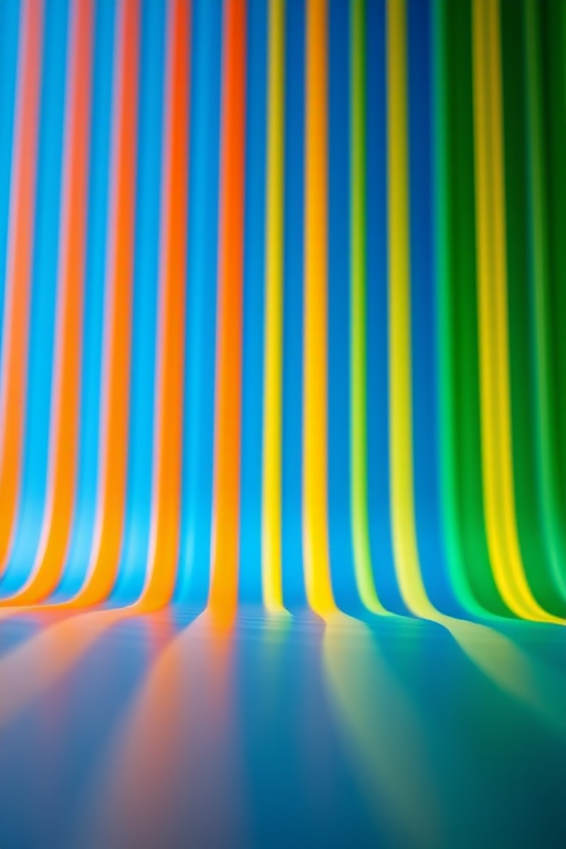 Generate a vibrant abstract background featuring vertical lines in shades of blue, orange, yellow, and green with a 3D perspective, captured using a Canon EOS R5 with a 50mm f/1.2 lens, aperture set to f/8, ISO 100, and a low angle view to enhance depth.