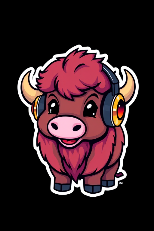 design sticker, Happy Colorful Bison wearing Headphones, kawaii, contour, vector, black background