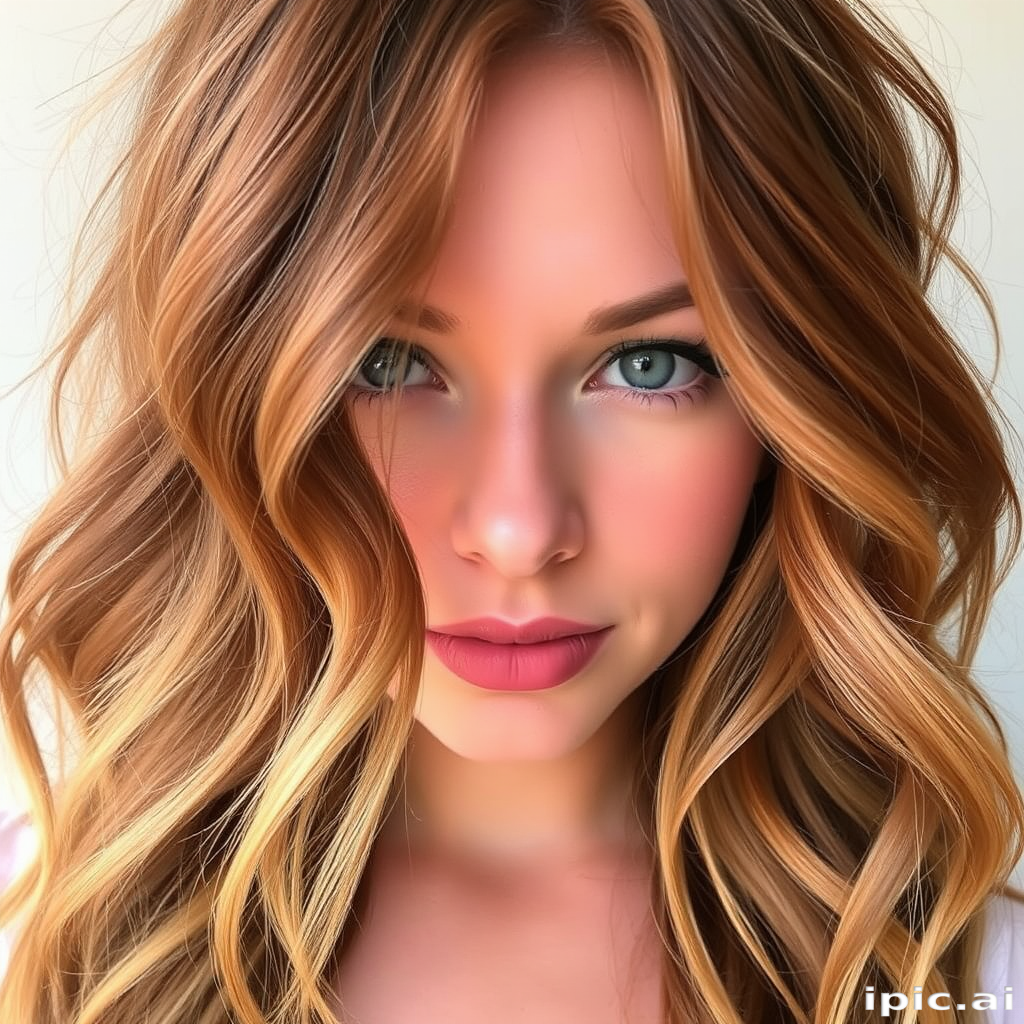 Radiant copper waves cascade down, framing a delicate face with "Sunset Serenade" style, featuring subtle ombre highlights and beachy texture for a carefree yet elegant look