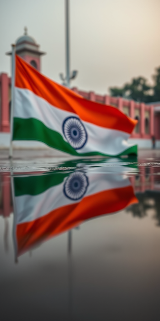 high-resolution image of the Indian national flag reflected in water, use a DSLR camera with a 50mm lens, ISO 100, f/8, shutter speed 1/200 sec, shot from a low-angle view with soft lighting to enhance colors and details