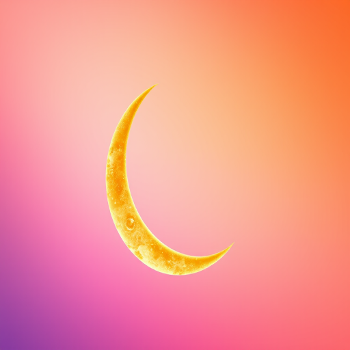 Create a high-resolution image of a golden crescent moon on a vibrant gradient background, using a DSLR camera with a 50mm lens, aperture set to f/1.8, ISO 100, and a soft focus effect.