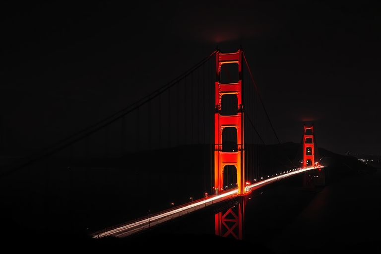 Create a high-resolution monochromatic image of the Golden Gate Bridge illuminated in red against a dark sky with long exposure light trails from passing cars, captured in low light with a Canon EOS R5, 24-70mm lens, f/8 aperture, 30 seconds shutter speed, ISO 100, wide-angle view.