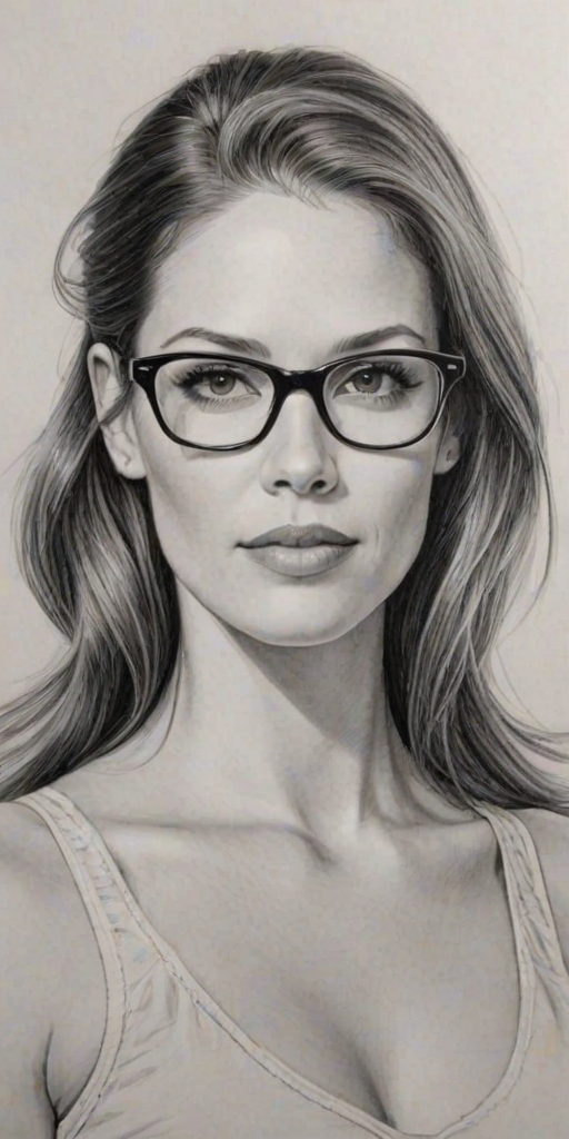 Captivating Amanda Righetti, pencil sketch, portrait of Enticing woman 1974s in glasses, hair style beatnik, outline, clear lines, fine lines, 8k