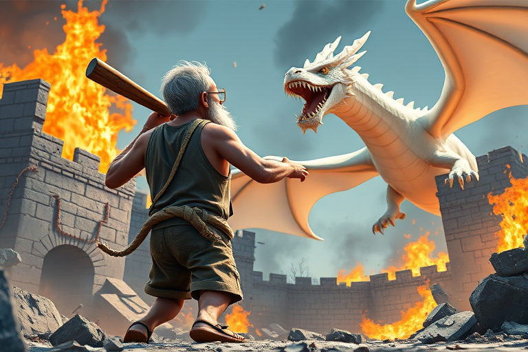 Cartoon 3D High-Resolution,dynamic battle scene using Unreal Engine 5 and Octane Render. The scene features back of an elderly, thai man with a beard,messy hair and round golden-rimmed glasses. He is wearing a tattered tank top with soot marks, shorts, and sandals. sweating. he wields a baseball bat. He jump to fight with a white fire-breathing Europe dragon amidst a partially destroyed stone castle. Include intense flames, smoke, and debris to enhance the dramatic effect.