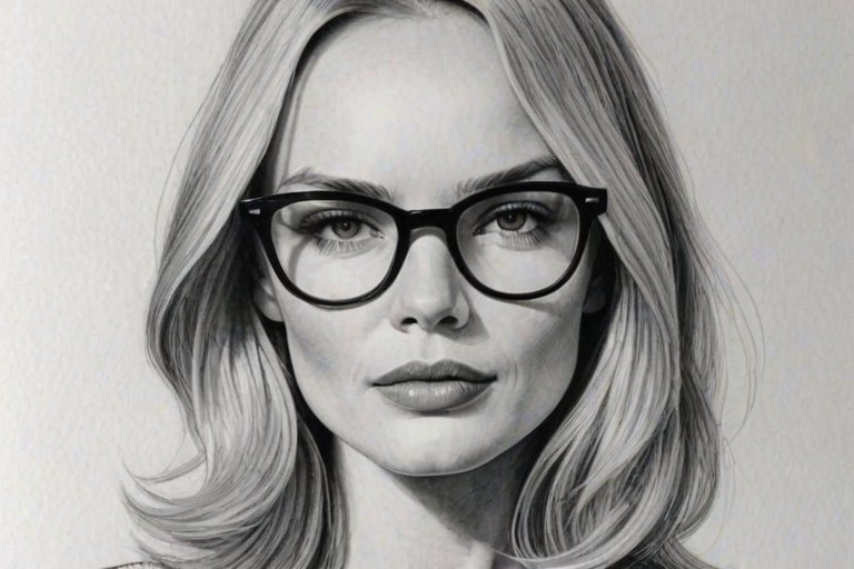 Superb Kate Bosworth, pencil sketch, portrait of Comely woman 1966s in glasses, hair style beatnik, outline, clear lines, fine lines, 8k