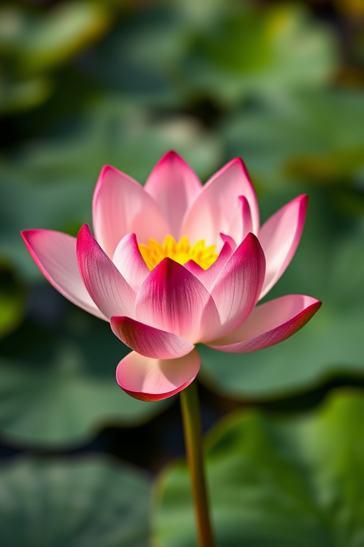 lotus flower with a blurred background of lily pads, taken with a macro lens, aperture f/2.8, shutter speed 1/250 sec, ISO 200, soft natural light, DSLR camera, tripod stability