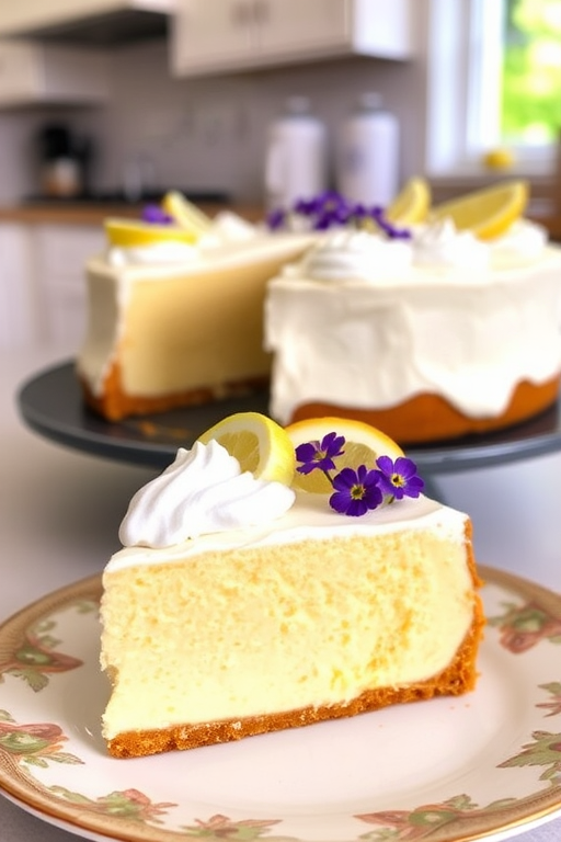 A beautifully presented slice of lemon meringue cheesecake on a decorative plate with a whole cheesecake in the background garnished with small purple flowers and lemon slices, captured in a bright and inviting kitchen setting.