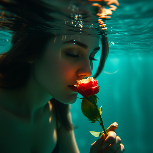 A woman underwater, gazing at a rose Her face is reflected in the water's surface The scene is illuminated by sunlight filtering through the water The atmosphere is serene and contemplative
