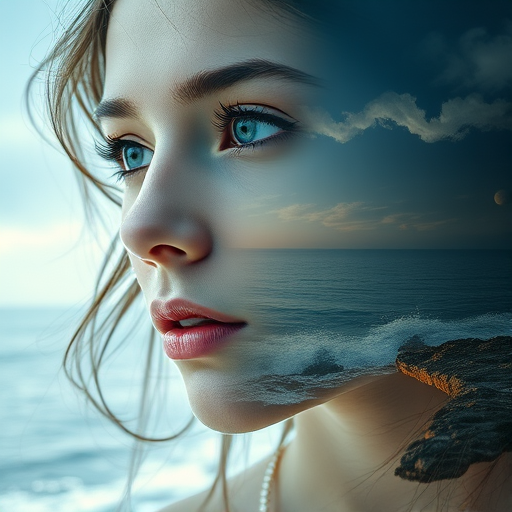 imagine Book cover, A surreal double exposure portrait that blends a woman's face with a beautiful seascape. The overall mood is dreamy and mystical, with rich colors and intricate details