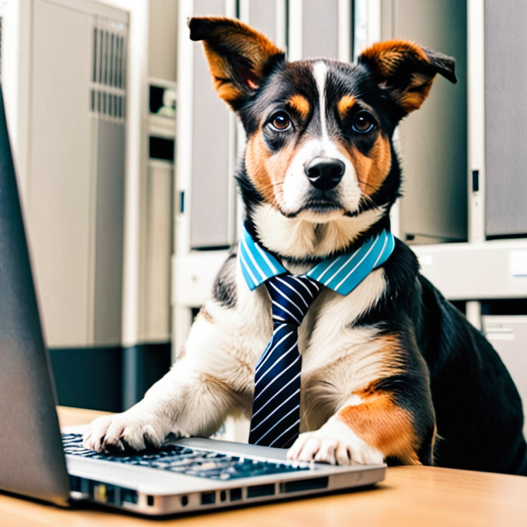 datacenter, dog with tie, macbook pro, servers and cables