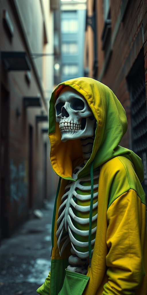 Create an image of a skeleton character wearing a bright green and yellow hoodie in a gritty urban alley, dramatic lighting, shot with a Canon EOS R5, 50mm lens, f/1.8, ISO 100, high dynamic range.