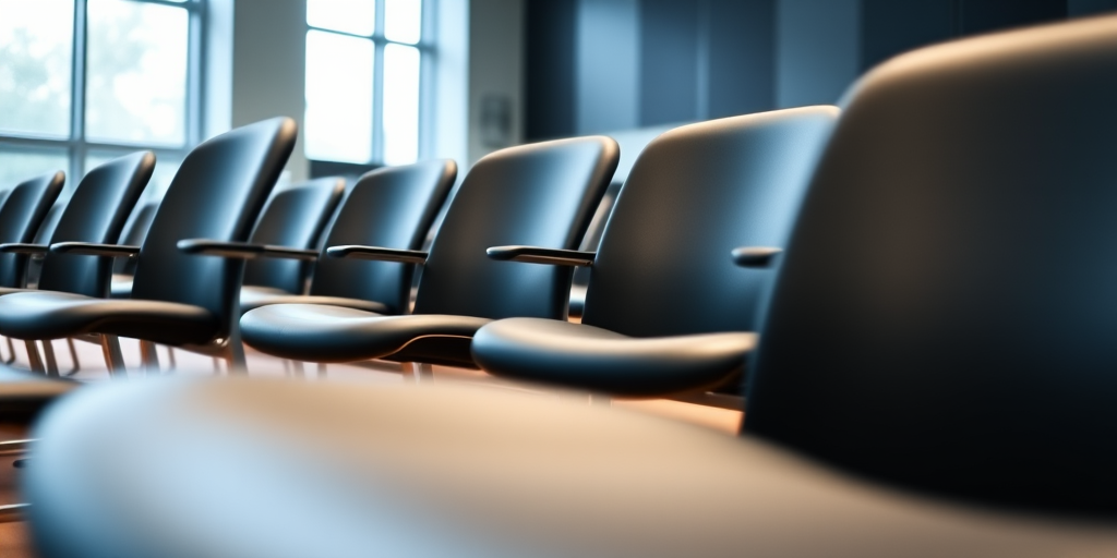 Create a detailed image of a row of modern black chairs in a lecture hall setting, using a DSLR camera with a focal length of 35mm, aperture set to f/4, ISO 200, and a shallow depth of field to focus on the chairs, capturing natural light from large windows in the background.
