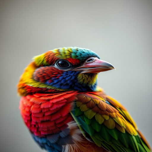 Capture a close-up shot of a colorful bird with intricate feather details in soft, diffused lighting using a Canon EOS R5 with a 85mm f/1.2 lens, aperture set to f/2.8, ISO 200, and a shallow depth of field to create a blurred background.