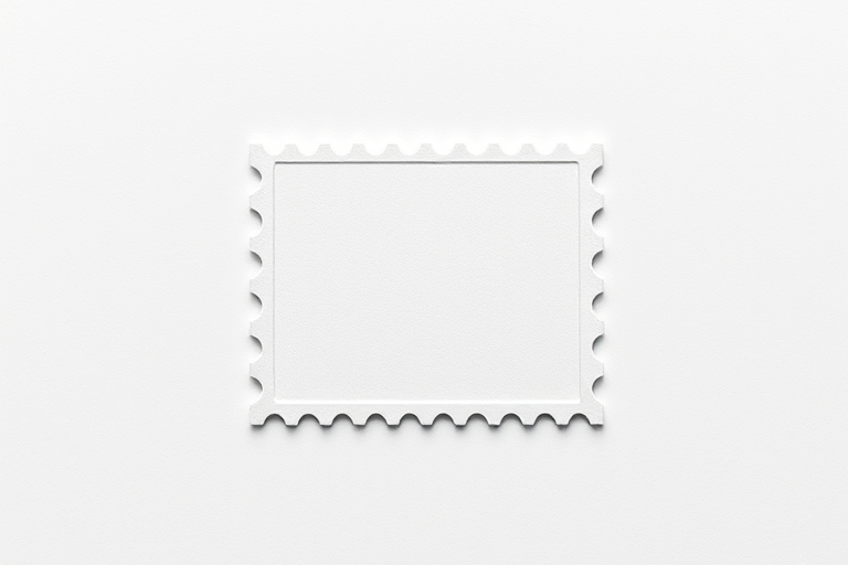 Create an image of a blank postage stamp with a wavy edge, captured in a high-resolution DSLR camera with a 50mm lens, f/2.8 aperture, ISO 100, and natural lighting, centered on a neutral background for enhanced detail and clarity.