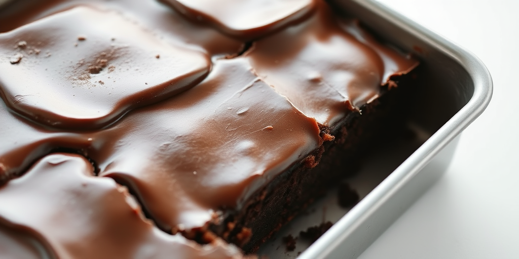A close-up view of a rectangular chocolate dessert in a metal baking pan with a piece missing, glossy frosting on top, and a light background.