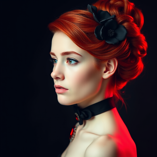 A young woman with bright red hair styled in a voluminous updo adorned with black floral accents, wearing a black choker with a large red gemstone pendant, looks off to the side with a slightly pensive expression, her face softly lit against a dark background.  The image is composed as a portrait, shot from a close-up perspective, with the subject filling most of the frame.  The woman's skin appears fair and flawless, with a subtle glow.  The overall atmosphere is elegant and slightly dramatic.