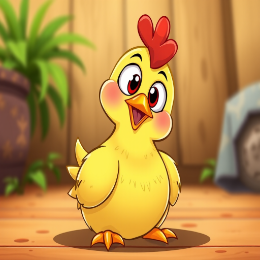 create a cartoon-style illustration of a cheerful yellow chicken with large eyes and a red comb sitting down, captured in a high-resolution digital format with a Canon EOS 5D Mark IV camera, using a 50mm lens at f/2.8 for sharp focus, soft background and vibrant colors, in a well-lit environment to enhance clarity and detail