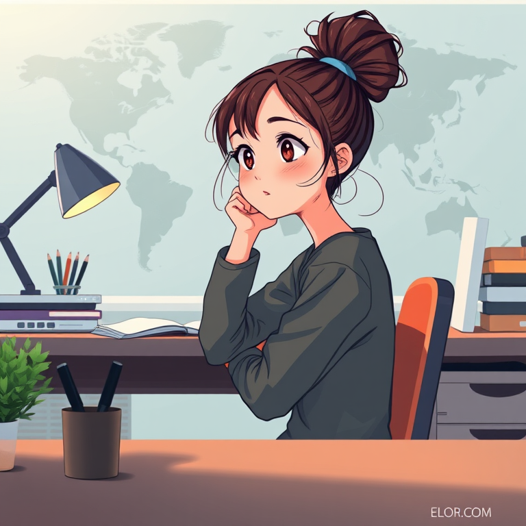 Create an illustration of a thoughtful girl sitting at a desk with a world map in the background, using a Canon EOS R6 with a 50mm f/1.8 lens, aperture set to f/2.8, ISO 100, with soft lighting and a shallow depth of field for enhanced image quality.