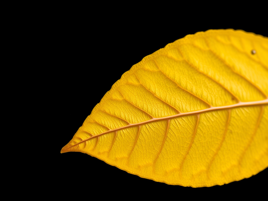 Create a highly detailed close-up image of a yellow leaf with a textured surface against a solid black background, captured using a DSLR camera with a 50mm lens, aperture f/2.8, ISO 100, and a soft natural light setup.
