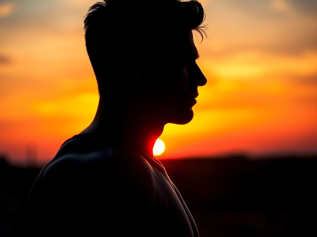 Regenerate an image of a muscular male silhouette against a vivid sunset background, using a DSLR camera with a 50mm lens, aperture set to f/1.8, ISO 100, and a low-angle shot for dramatic effect.