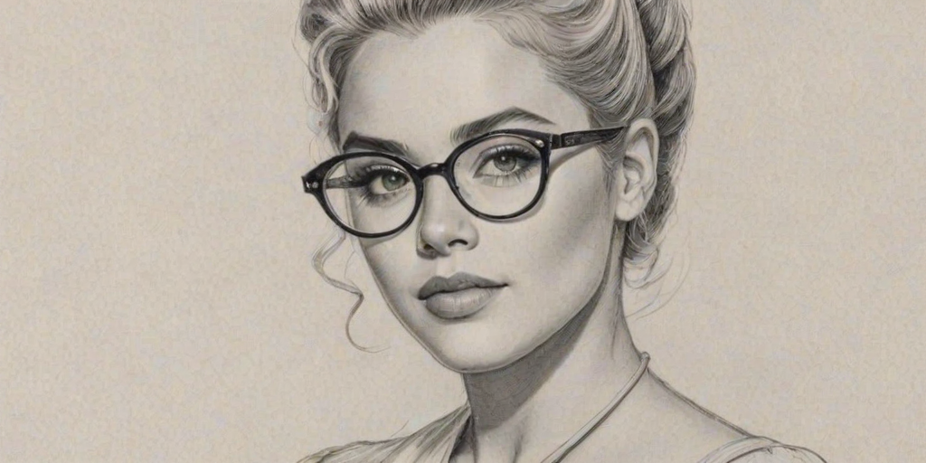 Enchanting Gabby Barrett, pencil sketch, portrait of Exquisite woman 1953s in glasses, hair style beatnik, outline, clear lines, fine lines, 8k