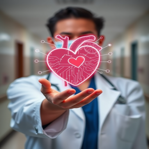 A healthcare professional in a white coat holding a glowing, digital heart symbol with connections and circuits in a softly blurred hospital background, shot with a 50mm lens at f/1.8, ISO 200, shutter speed 1/200s, using a DSLR camera with a shallow depth of field and high dynamic range lighting.