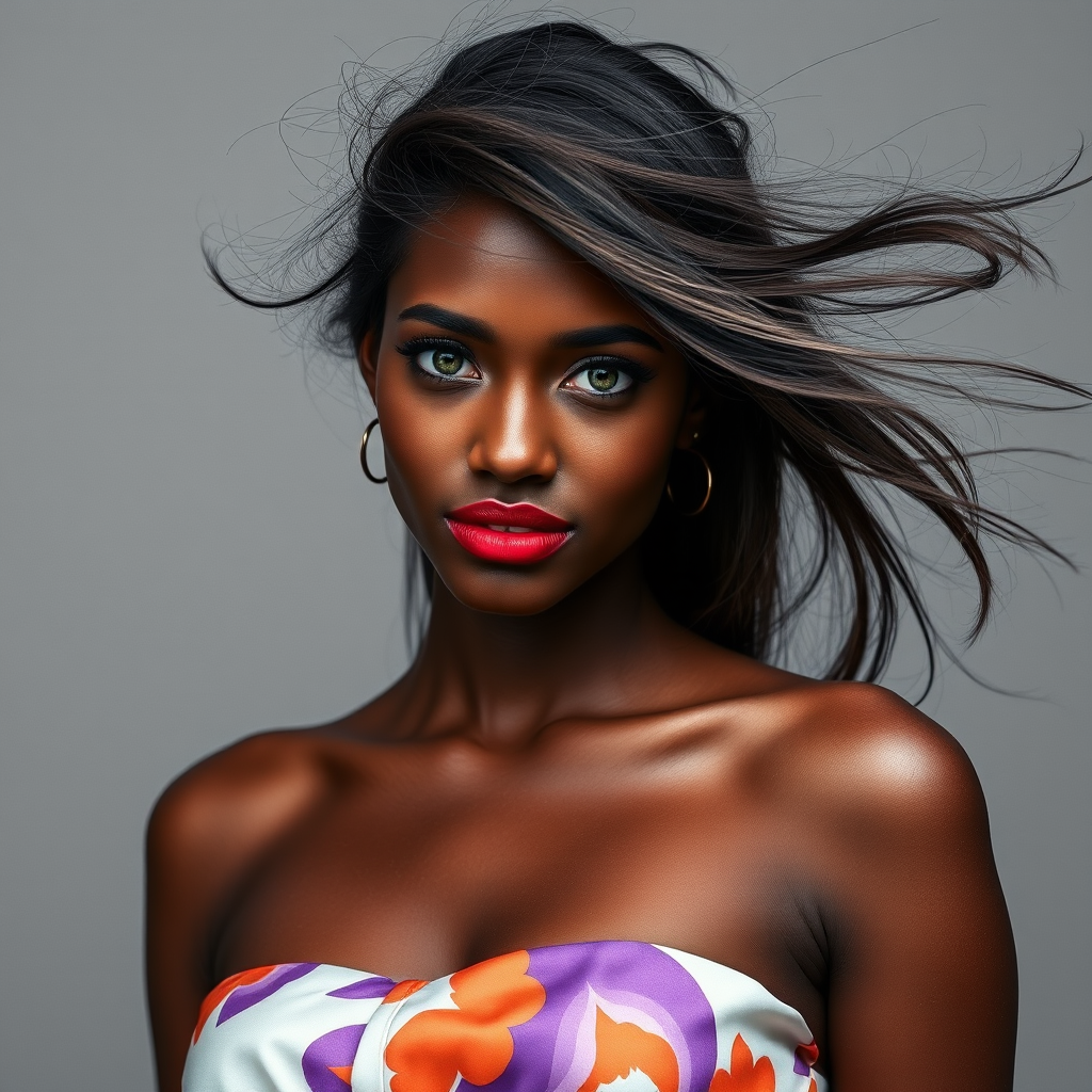 Photographic image of a beautiful young Mulatto woman, green eyes, lips with red lipstick, long hair fluttering in the wind and wearing a silk strapless dress with a soft purple and orange print. monochrome image with only color highlights in the iris of the eyes, lipstick and dress. Gray background.