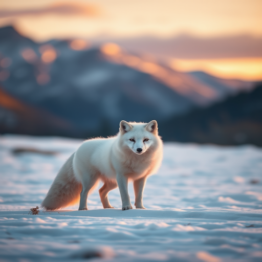 Regenerate an image of a white fox standing in a snowy landscape with mountains in the background during golden hour, using a DSLR camera with a 50mm lens, f/1.8 aperture, ISO 100, and a shallow depth of field for a soft background blur.