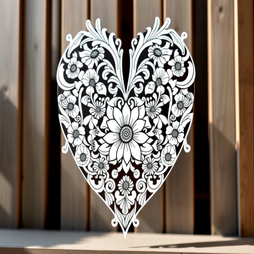 Create a high-quality illustration of an intricate heart-shaped design filled with floral patterns and symmetrical details, captured with a DSLR camera at f/2.8 aperture, 50mm lens, ISO 100, in natural light, with a shallow depth of field for enhanced focus on the artwork.