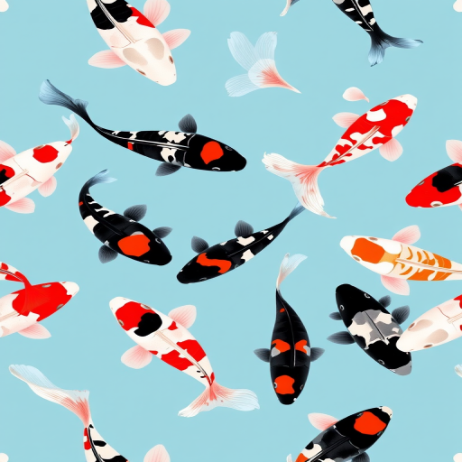 Create a seamless pattern design featuring koi fish in black, white, and shades of red and blue on a soft blue background, captured with a DSLR camera, 50mm lens, f/2.8 aperture, ISO 100, and natural lighting for enhanced color vibrancy.