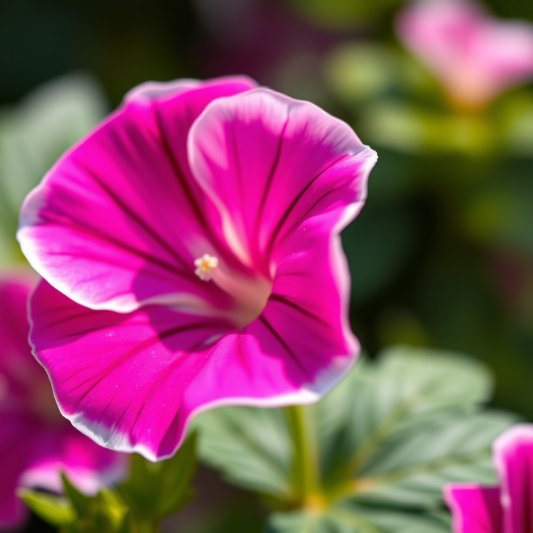 Close-up of a vibrant pink petunia flower with white edges, captured with a Canon EOS 5D Mark IV, 50mm f/1.8 lens, aperture f/2.8, ISO 100, natural light, shallow depth of field to enhance details and soft background blur.