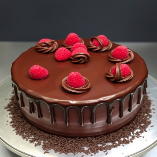 A beautiful chocolate cake with smooth chocolate frosting drizzled on top decorated with chocolate swirls and fresh raspberries arranged elegantly on the surface with chocolate sprinkles around the base on a silver cake stand.
