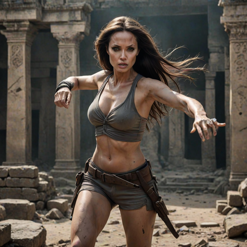 Fierce "Angelina Jolie" action pose, long dark hair in motion, determined expression, Tomb Raider inspired outfit, ancient ruins background, dramatic backlighting, smokey eye makeup, athletic physique