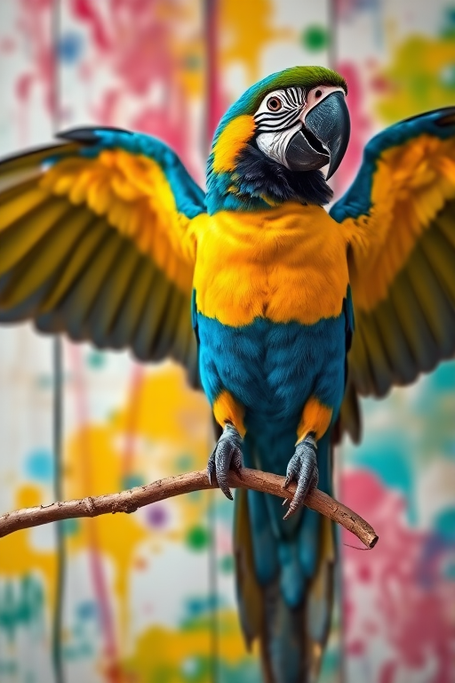 A vibrant blue and yellow macaw perched on a branch with its wings spread, colorful splashes of paint in the background, captured with a Canon EOS 5D Mark IV, 50mm lens, f/1.8, ISO 200, 1/250 sec, shot in macro view for enhanced detail and depth.