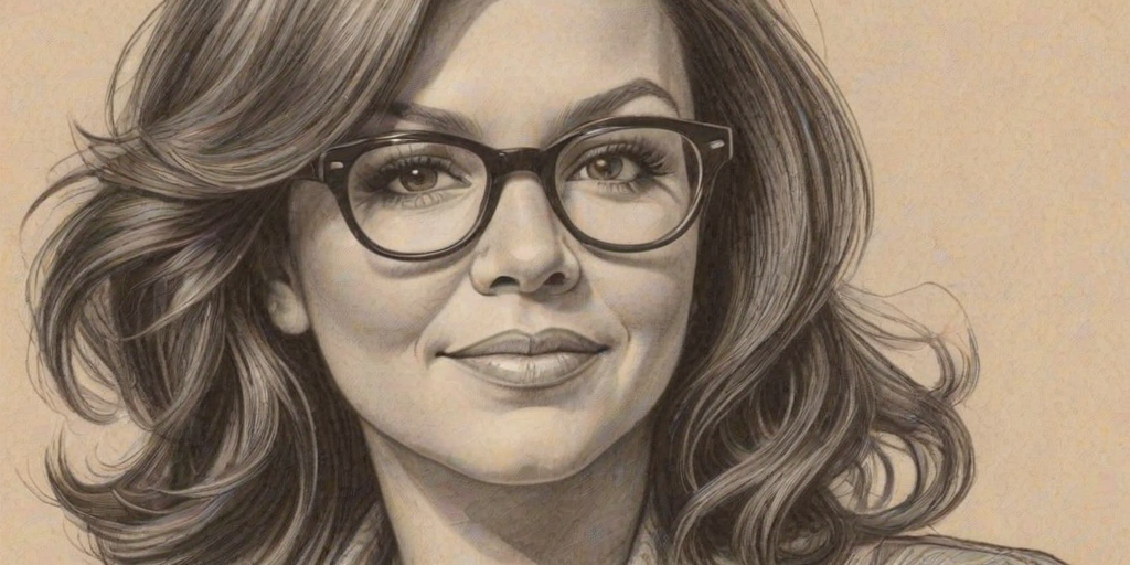 Dazzling Rachael Ray, pencil sketch, portrait of Magnificent woman 1933s in glasses, hair style beatnik, outline, clear lines, fine lines, 8k
