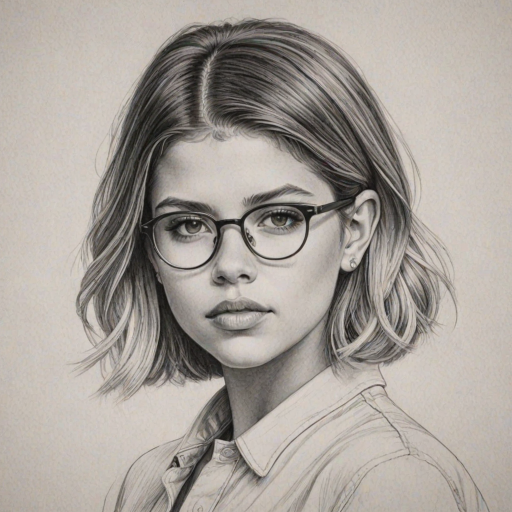 Alluring Sofia Richie, pencil sketch, portrait of Enticing woman 1922s in glasses, hair style beatnik, outline, clear lines, fine lines, 8k