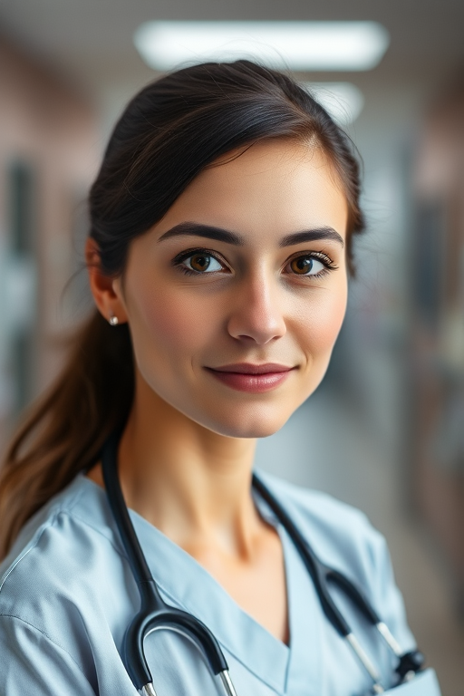 portrait of a female nurse in a hospital setting with a soft focus background, 50mm lens, f/1.8 aperture, ISO 200, natural lighting, captured with a DSLR camera