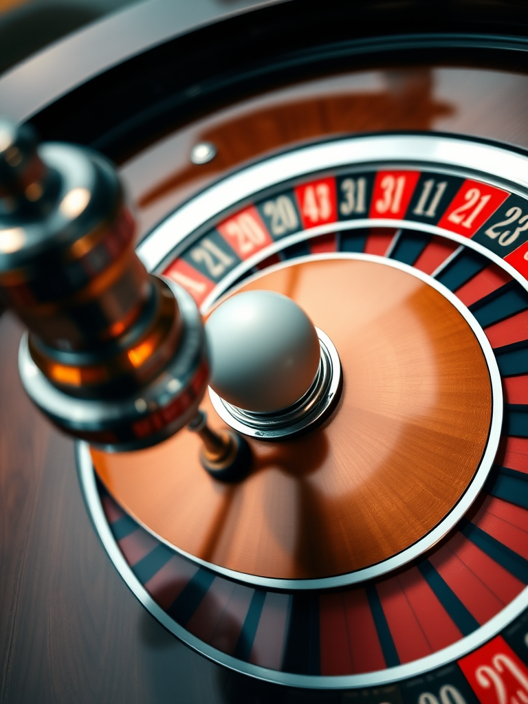 High-angle shot of a roulette wheel with a focus on the ball landing, using a DSLR camera, aperture f/2.8, 50mm lens, ISO 100, natural lighting, enhance color saturation and sharpness for a vibrant look.