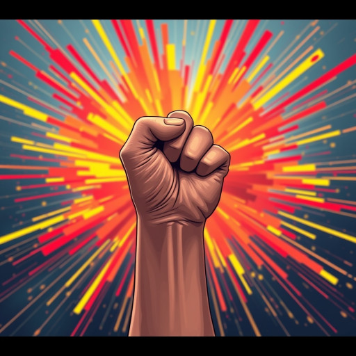 Create a digital illustration of a raised fist in front of a vibrant explosion of red and yellow bursts, using a Canon EOS 5D Mark IV camera with a 50mm lens, aperture f/1.8, ISO 100, and natural lighting to enhance the image quality.
