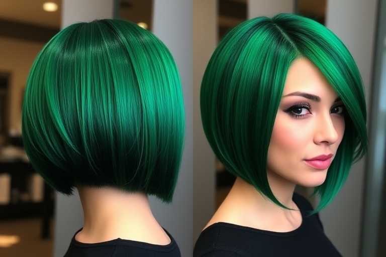 Richly pigmented emerald green tresses styled in a sleek, chin-length bob dubbed "Enchanted Forest," showcase a razor-sharp precision cut with blunt ends, featuring a glossy finish that reflects light beautifully, creating an eye-catching and sophisticated appearance
