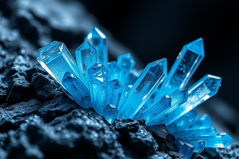 Generate a highly detailed illustration of blue crystals emerging from a dark rock base, capturing sparkling reflections and sharp edges, in a high-resolution format, 50mm lens, f/2.8 aperture, natural lighting, the camera style is macro photography, camera type is DSLR.