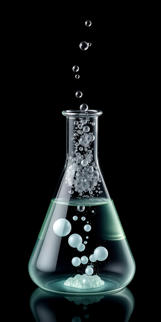 Create a high-resolution vector graphic of a laboratory flask with bubbling liquid inside, using a Canon EOS R5 camera, 50mm lens, f/2.8 aperture, ISO 100, shot from a top-down view to enhance details and contrast against a black background.
