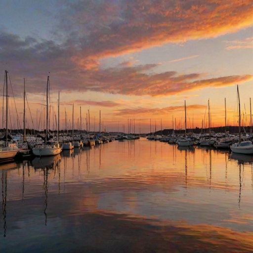 Sunset over a quiet harbor, boats gently rocking in the water, the sky ablaze with warm colors, and the distant sound of gulls echoing in the air.