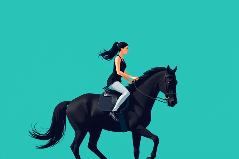 Create an illustration of a woman riding a black horse in a dynamic pose against a solid turquoise background, using a high-resolution digital art style with a soft light effect, in a vector format, simulating a Canon EOS R5, 50mm lens, f/1.8 aperture, ISO 100, minimalistic composition with a focus on the rider and horse.