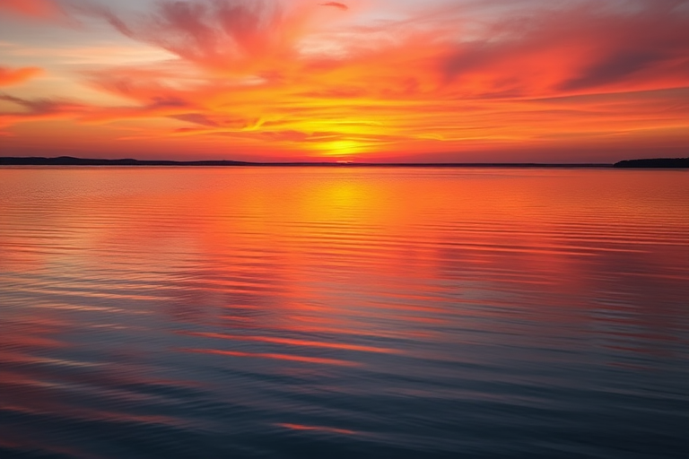 Generate a high-resolution image of a scenic sunset over a calm lake, using a Canon EOS R5, 50mm lens, f/1.8 aperture, ISO 100, with a dynamic range that captures vivid colors and reflections in the water, in a landscape orientation.