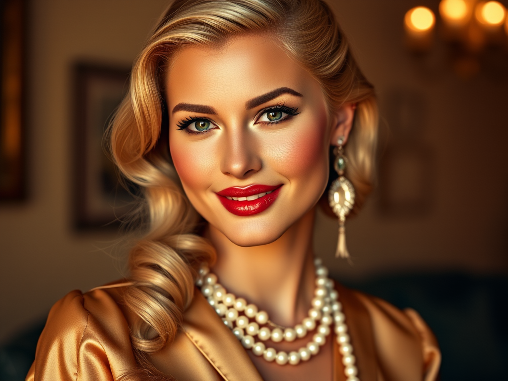 A beautiful Native American woman reminiscent of 1950s Hollywood glamour, with perfectly styled blonde hair and a seductive smile, dressed in a satin blouse and adorned with pearls, soft and warm tones, photorealistic, 8K
