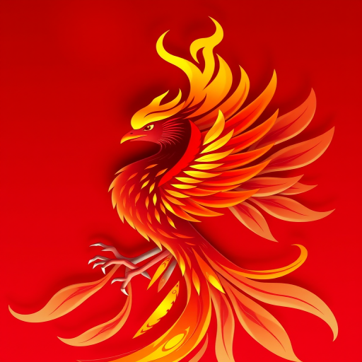 Create a high-resolution digital illustration of a stylized phoenix with flames, set against a vibrant red background, using a Canon EOS R5 camera at f/1.8, ISO 100, and a 50mm lens, in a top-down view with a focus on sharp details and vivid colors.