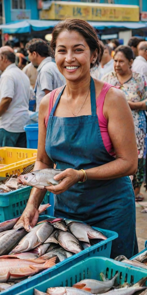 Bustling fish market by the pier, filled with vibrant colors and the sound of vendors shouting their prices, a woman holding a fresh catch with a smile.