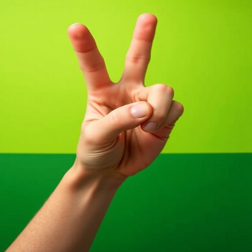 Create an illustration of a hand forming a pinching gesture against a vibrant two-tone background with a top green section and a darker green bottom section, shot with a DSLR camera at f/2.8, ISO 100, 50mm lens, top-down view, high saturation and sharp focus.