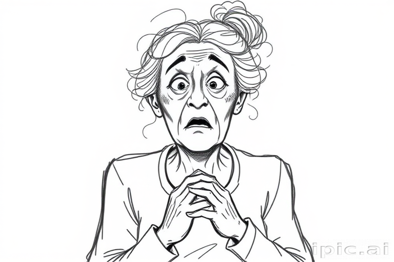 scribbly unfinished sketch, old lady with messy gray hair in a loose bun, surprised expression, mouth open, hands clasped together in front of her chest. Her eyes are wide, eyebrows are furrowed. vibe of shock or surprise.